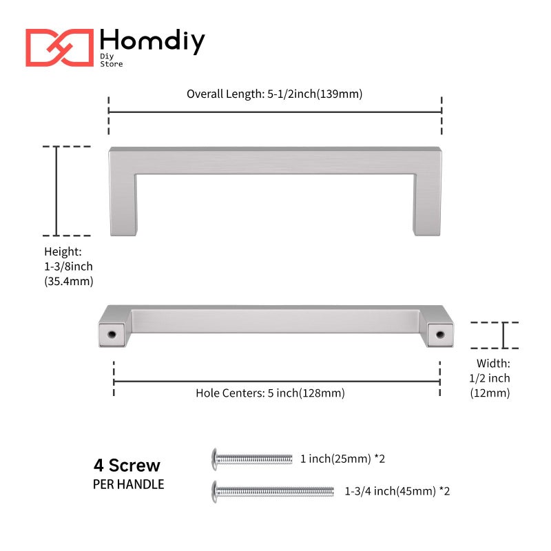 homdiy 15 Pack 5 Inch Brushed Nickel Cabinet Pulls Cabinet Handles Square Door Handles Modern Dresser Drawer Stainless Steel Hardware - Image 2